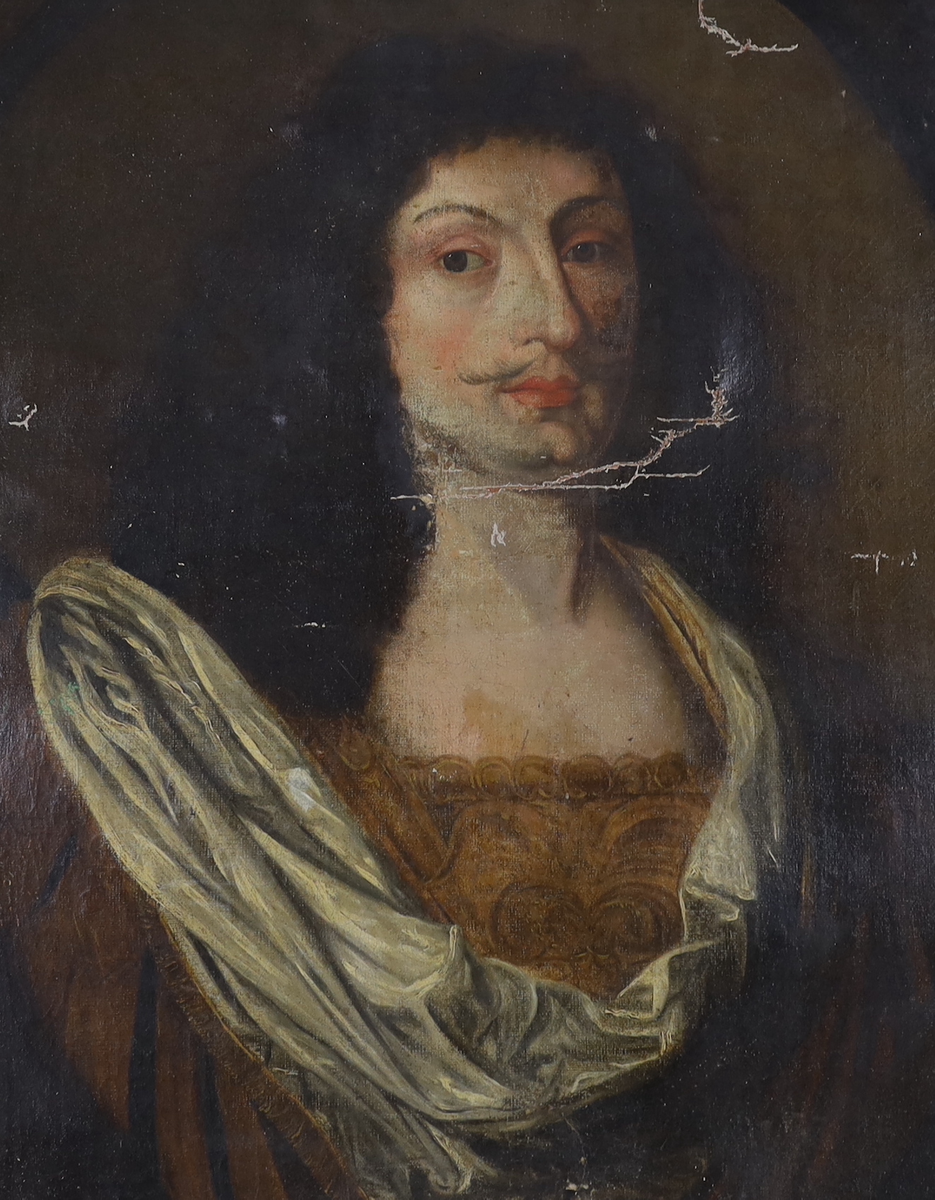 Two oils on unstretched canvas: Victorian School, Full length portrait of a lady wearing a mourning dress, and feigned oval Portrait of a gentleman, possibly an actor wearing theatrical robes, largest approx. 77 x 56cm